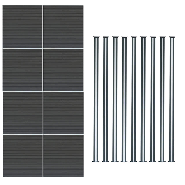 Grau WPC Sichtschutzzaun mit acht Paneelen und neun schlanken LED Zaunpfosten, modernes Design mit strukturierten Oberflächen und eleganter Optik