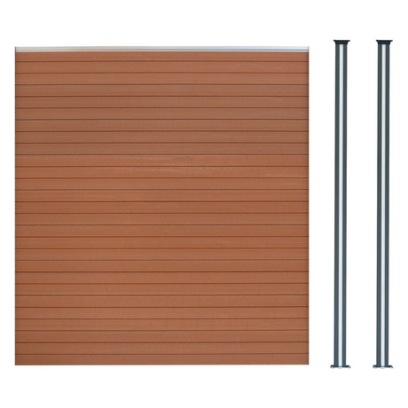 Brauner WPC Sichtschutzzaun mit glatter, horizontaler Holzoptik und zwei eleganten, grauen LED Zaunpfosten aus robustem Material
