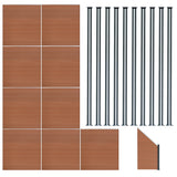 Brauner WPC Sichtschutzzaun mit neun Paneelen, einem Eckstück und zehn LED Zaunpfosten, alle mit glatter, holzähnlicher Textur und modernen, schmalen Formen