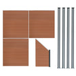 Brauner WPC Sichtschutzzaun mit drei Paneelen, einem Eckstück und vier LED Zaunpfosten, alle mit glatter, wetterbeständiger Oberfläche und modernem Design