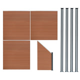 Brauner WPC Sichtschutzzaun mit drei Paneelen, einem Eckstück und vier LED Zaunpfosten, alle mit glatter, wetterbeständiger Oberfläche und modernem Design