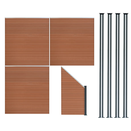 Brauner WPC Sichtschutzzaun mit drei Paneelen, einem Eckstück und vier LED Zaunpfosten, alle mit glatter, wetterbeständiger Oberfläche und modernem Design