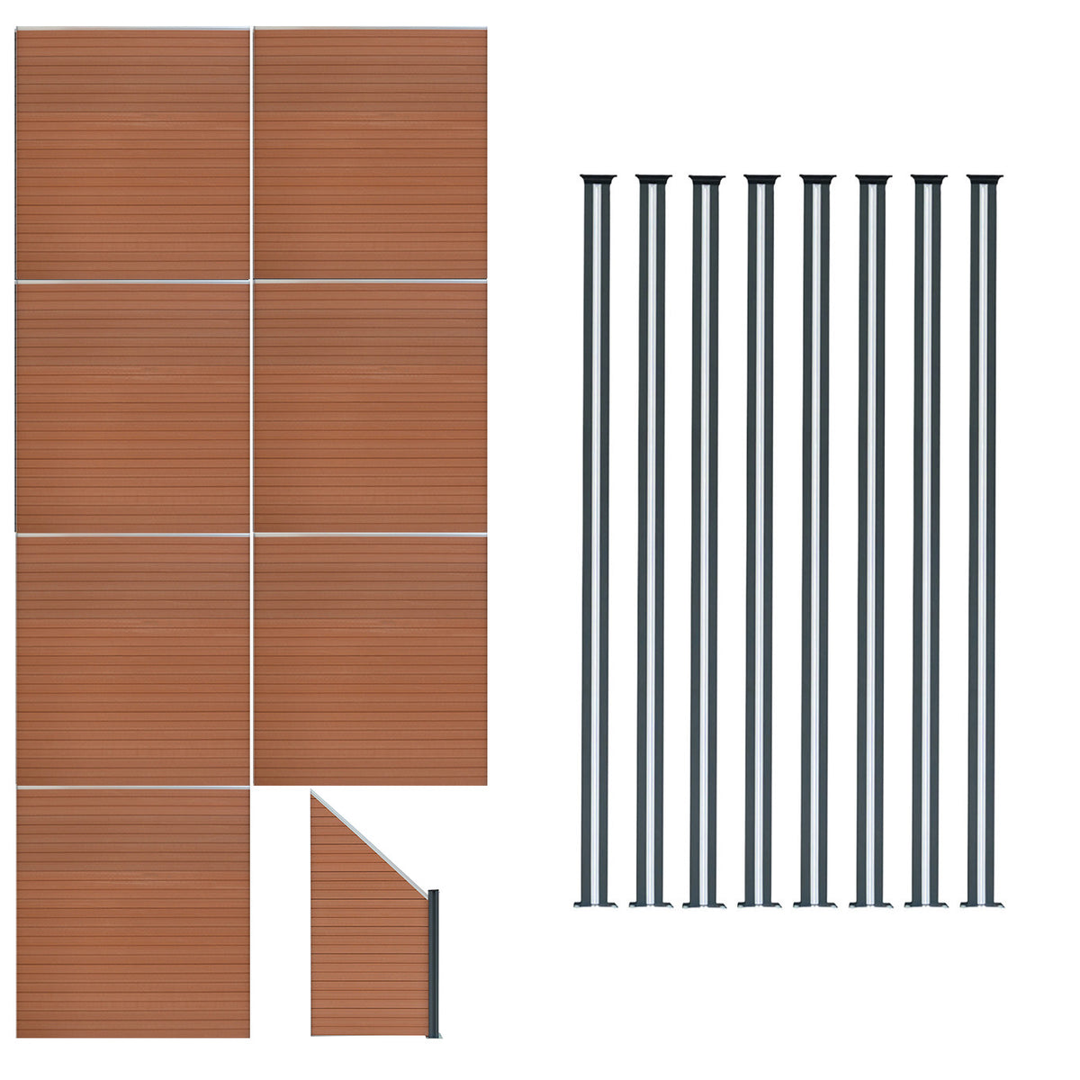 Brauner WPC Sichtschutzzaun mit neun Paneelen, einem Eckstück und acht LED Zaunpfosten in elegantem Design und stabiler Bauweise