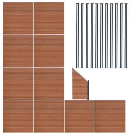 Brauner WPC Sichtschutzzaun mit 10 Paneelen, einem Eckstück und 11 LED Zaunpfosten, alle mit glatter, holzähnlicher Textur und modernem Design