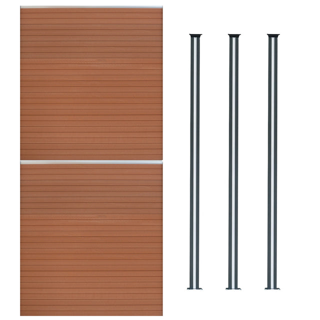 Brauner WPC Sichtschutzzaun mit zwei Paneelen und drei LED Zaunpfosten, schlankes Design, glatte Textur und moderne Linienführung