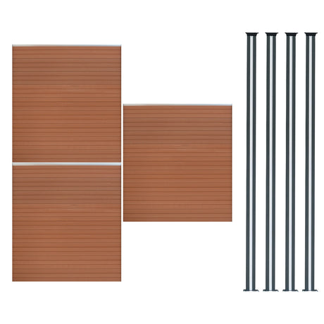 Brauner WPC Sichtschutzzaun mit drei Paneelen und vier LED Zaunpfosten in schlankem, modernem Design, ideal für Garten- und Terrassengestaltung