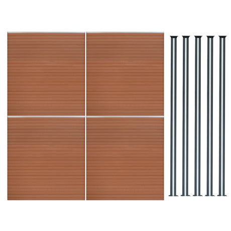 Brauner WPC Sichtschutzzaun mit vier Paneelen und fünf LED Zaunpfosten, modernes Design, glatte Textur und langlebige Materialien für Garten und Terrasse