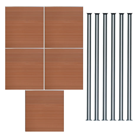 Brauner WPC Sichtschutzzaun mit fünf Paneelen und sechs LED Zaunpfosten, modern und langlebig, ideal für Garten- und Terrassengestaltung