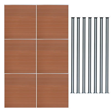 Brauner WPC Sichtschutzzaun mit sechs Paneelen und sieben LED Zaunpfosten, modernes Design, glatte Oberfläche und langlebige Materialien