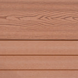 Brauner WPC Sichtschutzzaun mit Holzmaserung, bestehend aus sechs Paneelen und sieben LED Zaunpfosten, ideal für Garten- und Terrassengestaltung