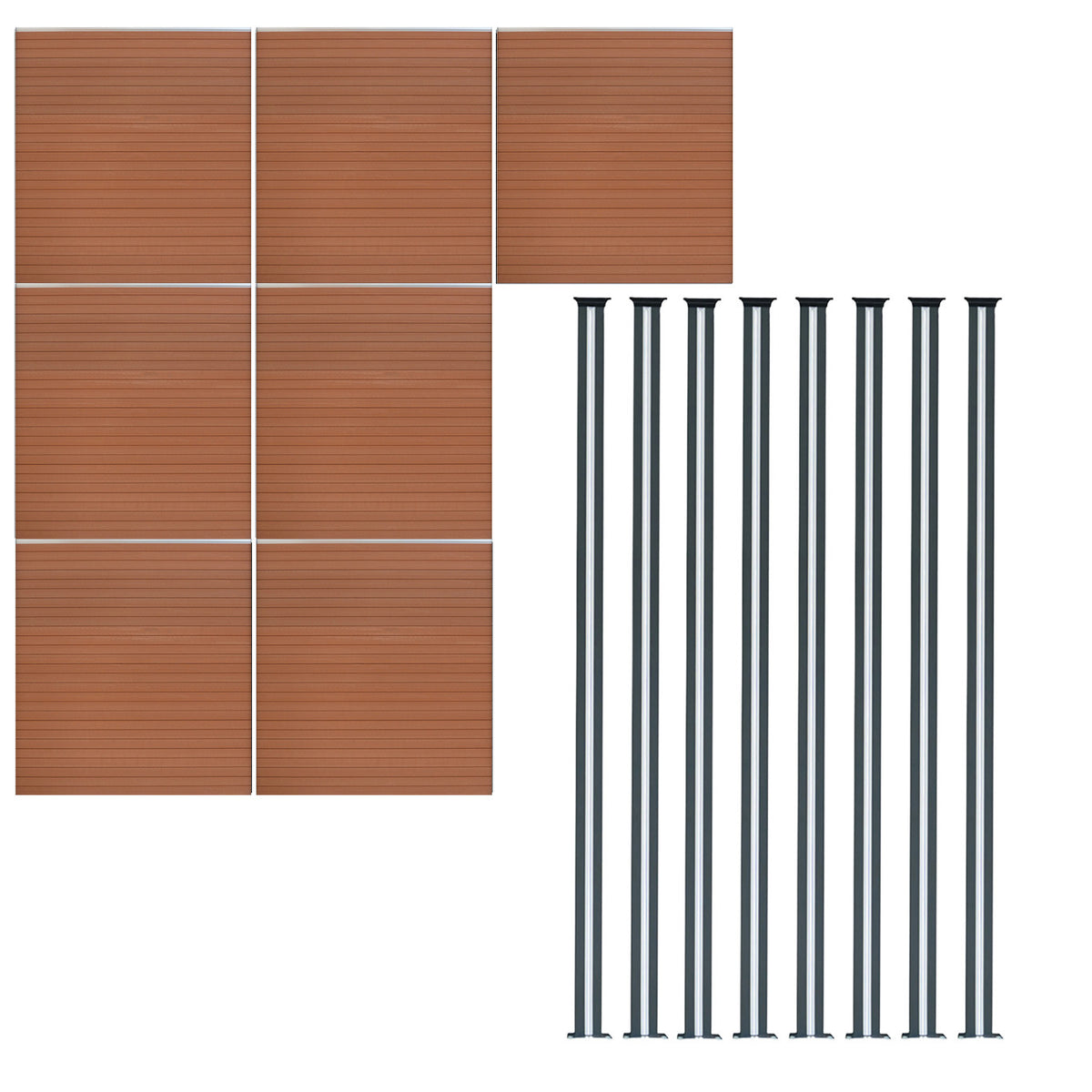 Brauner WPC Sichtschutzzaun mit sieben Paneelen und acht LED Zaunpfosten in elegantem Schwarz, ideal für Garten- und Terrassengestaltung