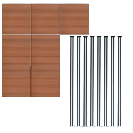 Brauner WPC Sichtschutzzaun mit sieben Paneelen und acht LED Zaunpfosten in elegantem Schwarz, ideal für Garten- und Terrassengestaltung