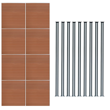 Brauner WPC Sichtschutzzaun mit acht Paneelen und neun schlanken, grauen LED Zaunpfosten, ideal für stilvolle Gartenabgrenzungen