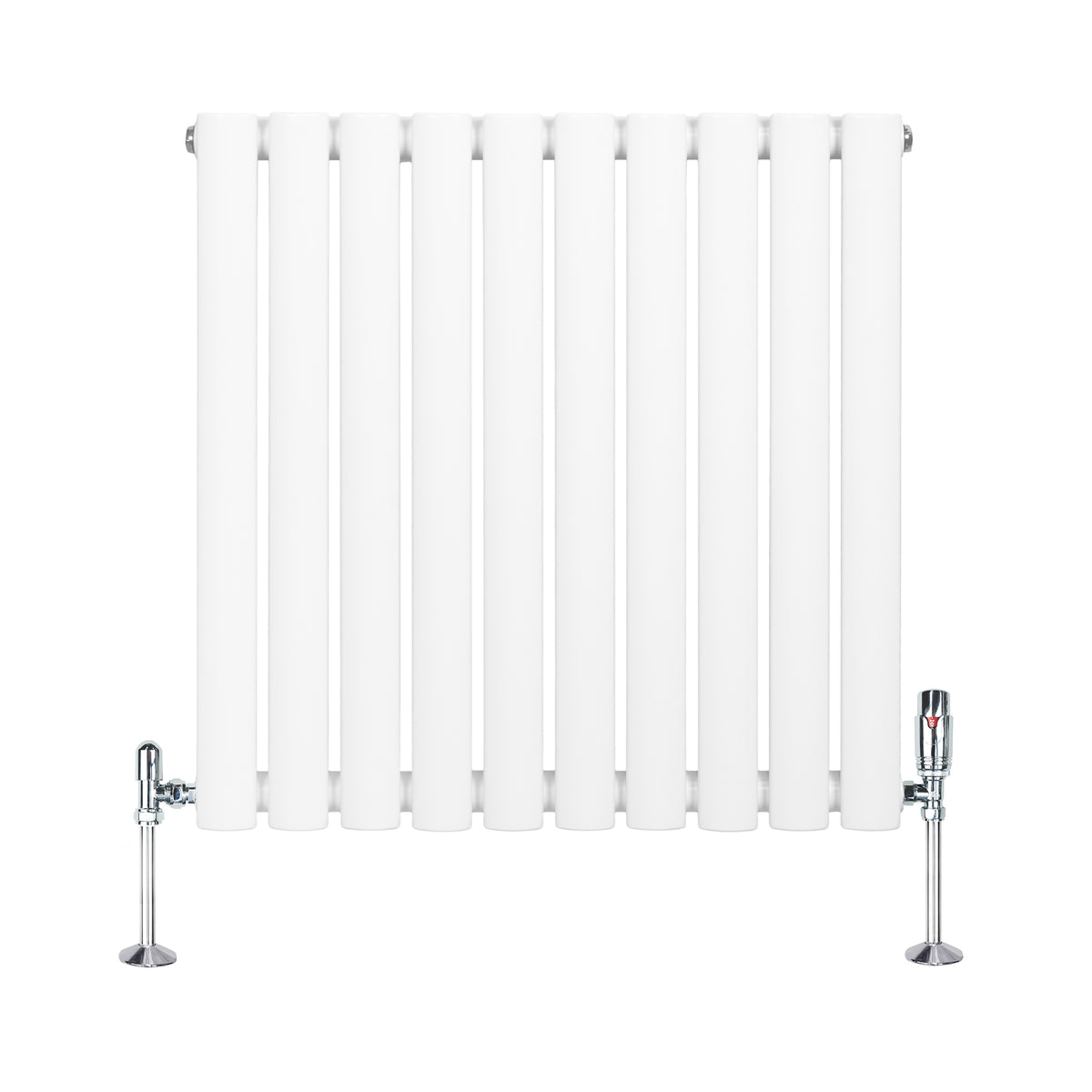 Weißer Gliederheizkörper mit TRV Chromventilen, 600mm x 600mm, aus robustem Material, mit glatter, glänzender Oberfläche und modernen, eleganten Linien