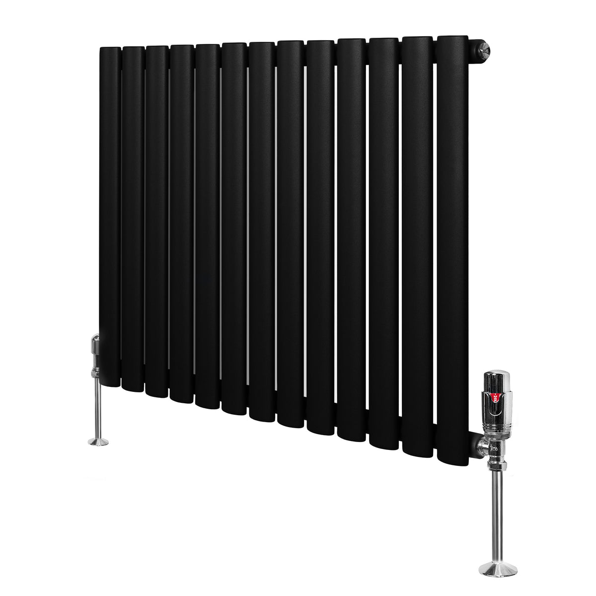 Schwarzer Gliederheizkörper mit TRV Chromventilen, 600mm x 780mm, elegantes Design und glatte, matte Oberfläche, ideal für moderne Räume
