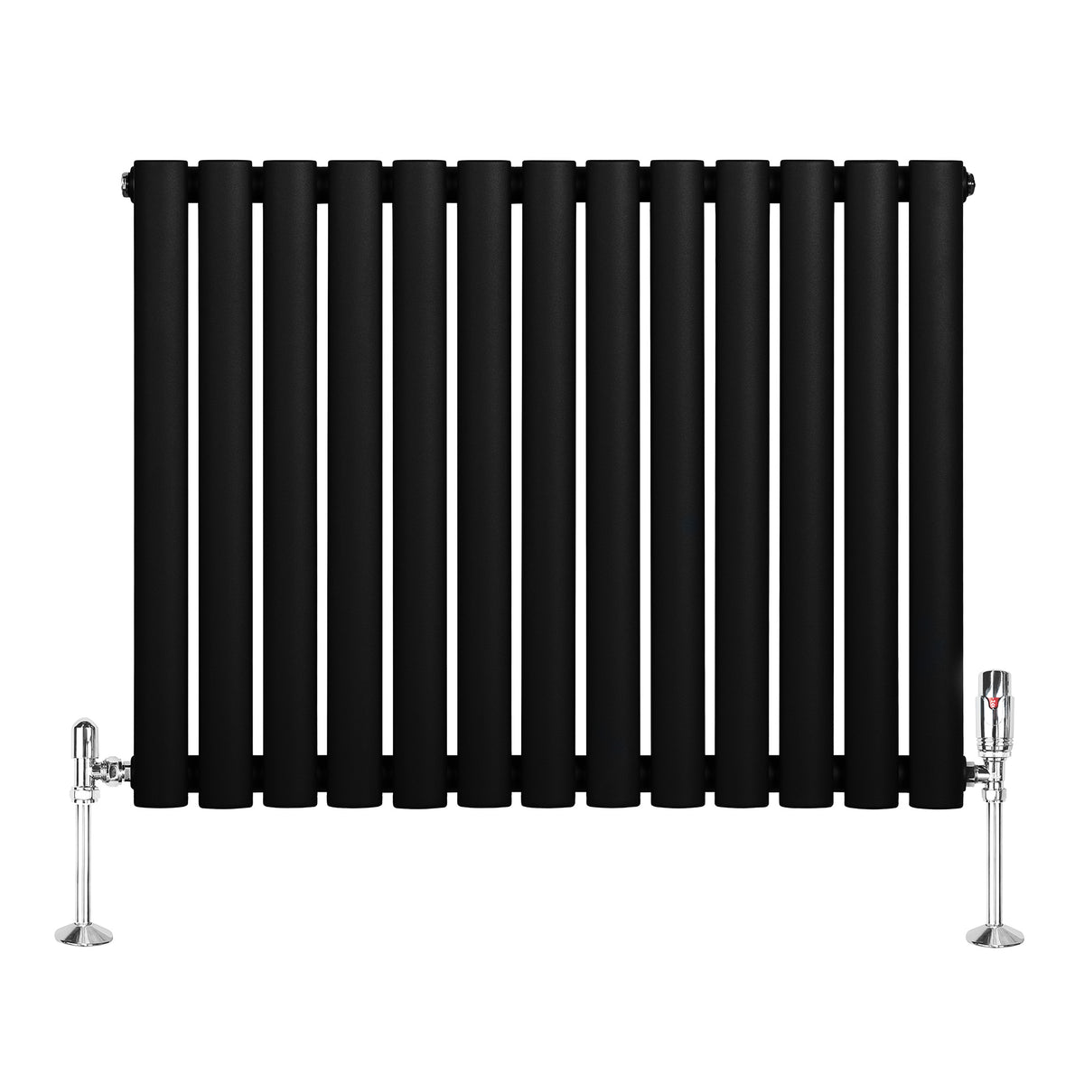 Schwarzer Gliederheizkörper mit TRV Chromventilen, 600mm x 780mm, aus robustem Material, mit glatter, mattschwarzer Oberfläche und glänzenden Ventilen
