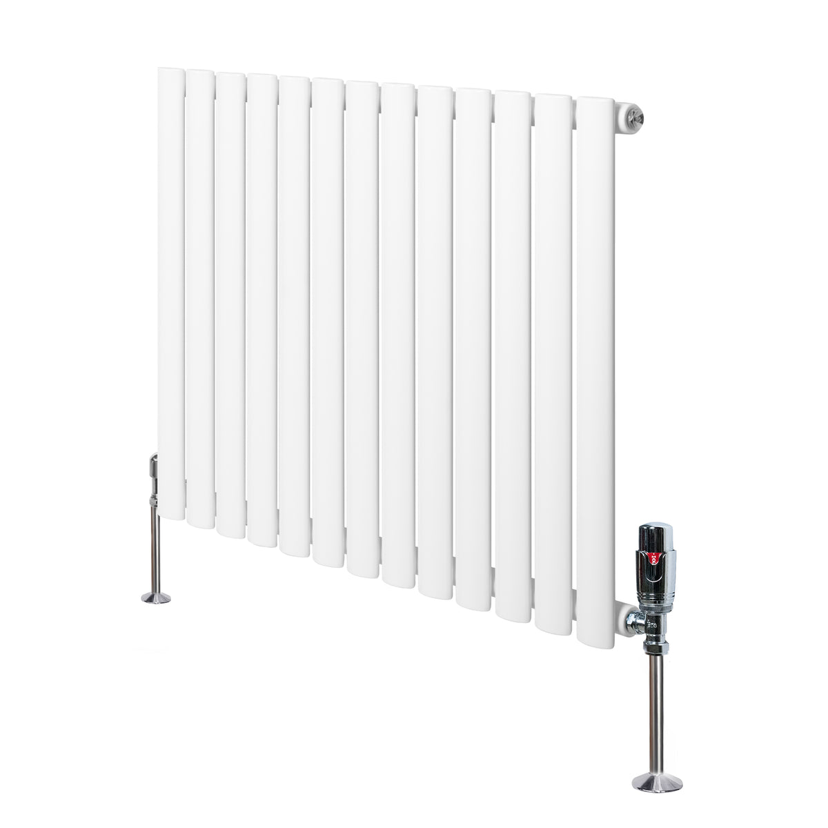 Weißer Gliederheizkörper mit TRV Chromventilen, 600mm x 780mm, schlankes Design, glatte Oberfläche und moderne, glänzende Ventile