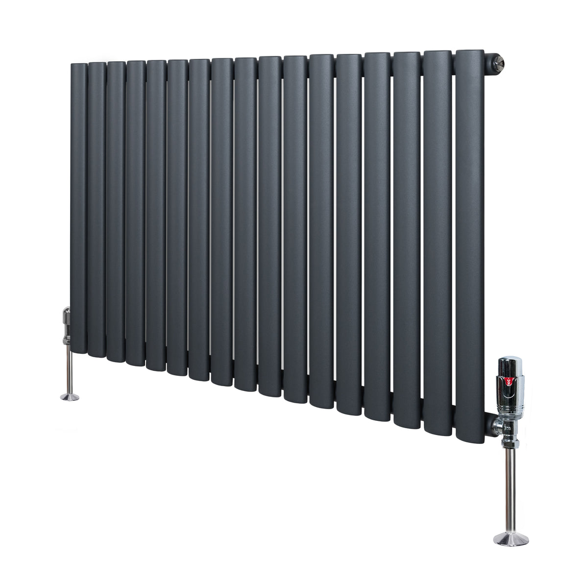 Gliederheizkörper in Anthrazitgrau mit TRV Chromventilen, 600mm x 1020mm, modernes Design mit glatten, vertikalen Lamellen und eleganten Standfüßen