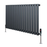 Gliederheizkörper in Anthrazitgrau mit TRV Chromventilen, 600mm x 1020mm, modernes Design mit glatten, vertikalen Lamellen und eleganten Standfüßen