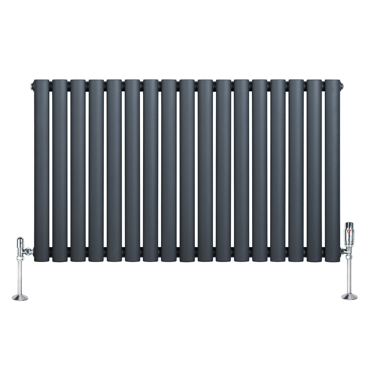 Gliederheizkörper in Anthrazitgrau mit TRV Chromventilen, 600mm x 1020mm, vertikale Lamellenstruktur, moderne und elegante Heizlösung für jeden Raum