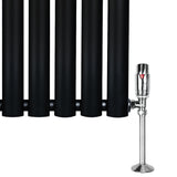 Schwarzer Gliederheizkörper mit TRV Chromventilen, 600mm x 1200mm, zeigt elegante, glatte Oberflächen und moderne, runde Heizkörperrohre