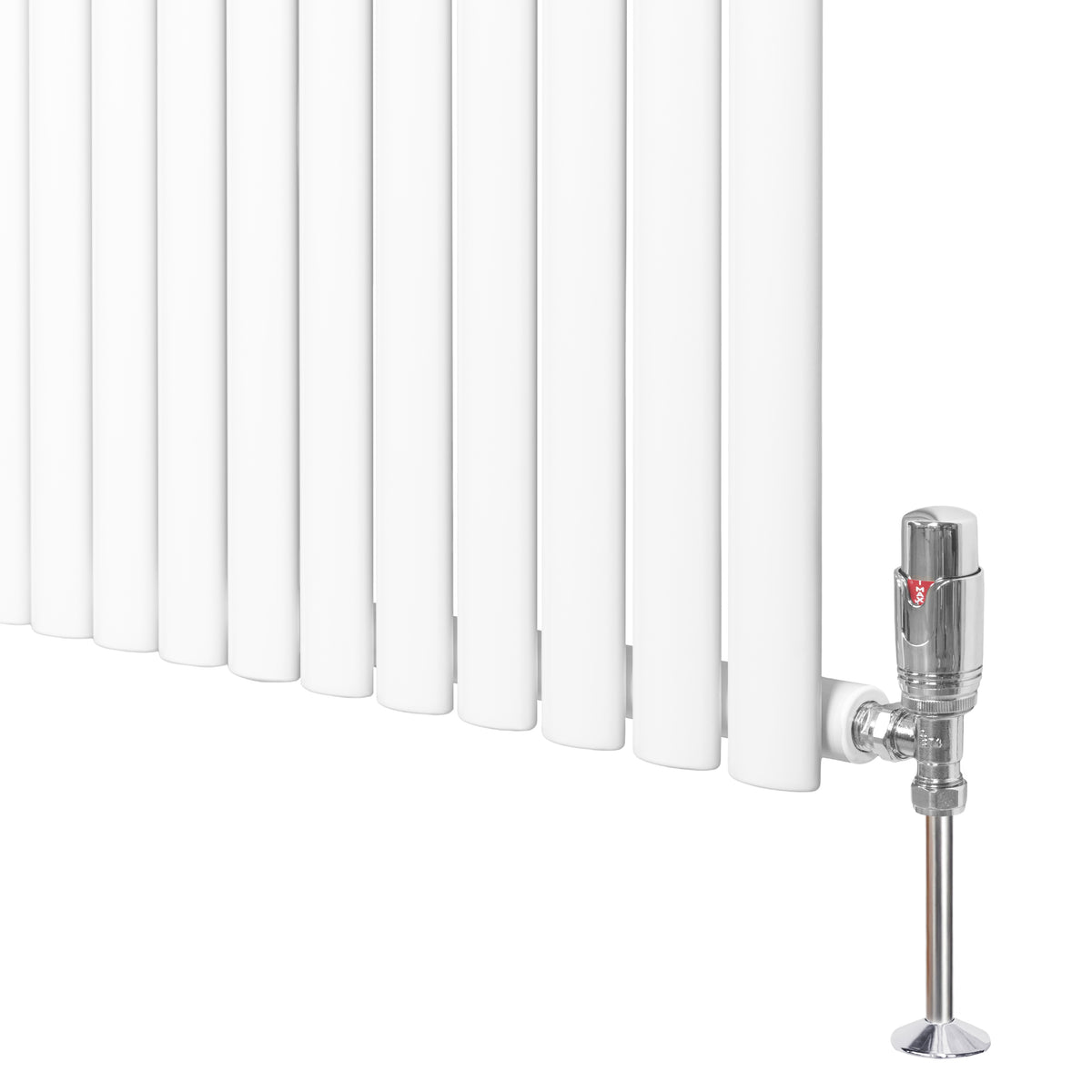 Weißer Gliederheizkörper mit TRV Chromventilen, 600mm x 1200mm, vertikale Lamellen, glatte Oberfläche und modernes Design für effiziente Wärmeabgabe