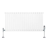 Weißer Gliederheizkörper mit TRV Chromventilen, 600mm x 1200mm, glänzende Oberfläche, schlanke, vertikale Lamellen und moderne, elegante Form