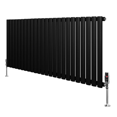Schwarzer Gliederheizkörper mit TRV Chromventilen, 600mm x 1440mm, aus robustem Material, modernem Design und glatter Oberfläche für effiziente Wärmeverteilung