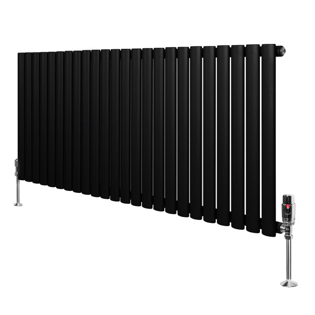Schwarzer Gliederheizkörper mit TRV Chromventilen, 600mm x 1440mm, aus robustem Material, modernem Design und glatter Oberfläche für effiziente Wärmeverteilung