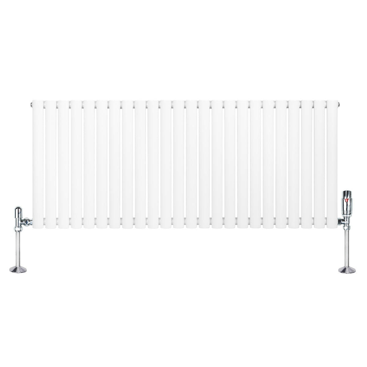 Weißer Gliederheizkörper mit TRV Chromventilen, 600mm x 1440mm, schlankes Design, glatte Oberfläche und glänzende Chromdetails für moderne Innenräume