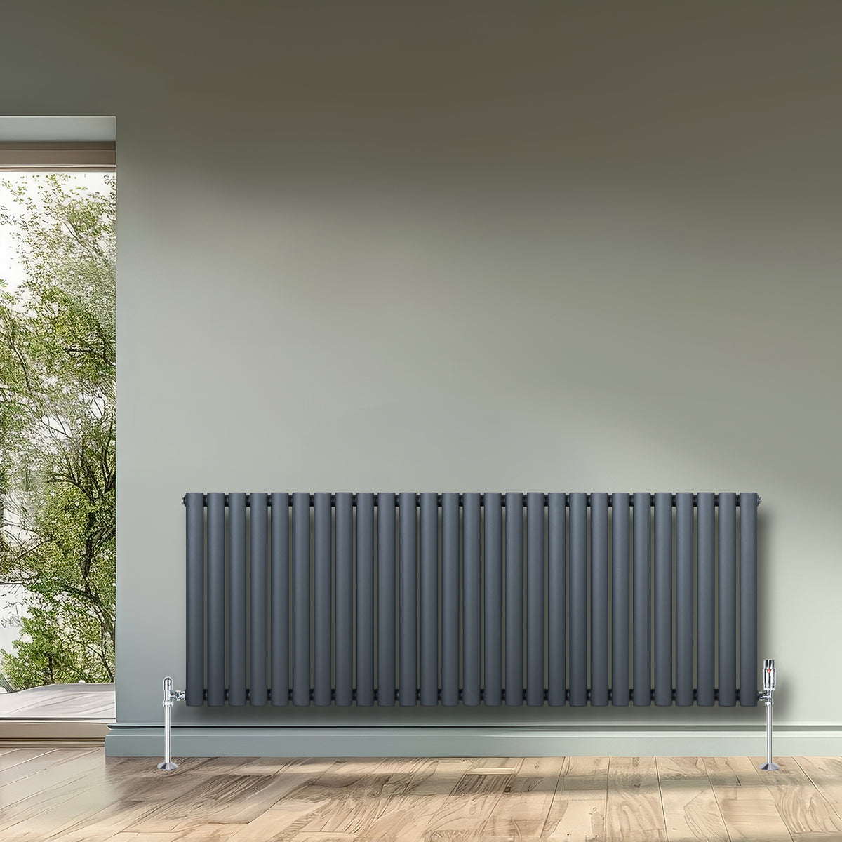 Anthrazitgrauer Gliederheizkörper mit TRV Chromventilen, 600mm x 1620mm, glänzende Oberfläche und vertikale Lamellen, elegant in modernem Raum