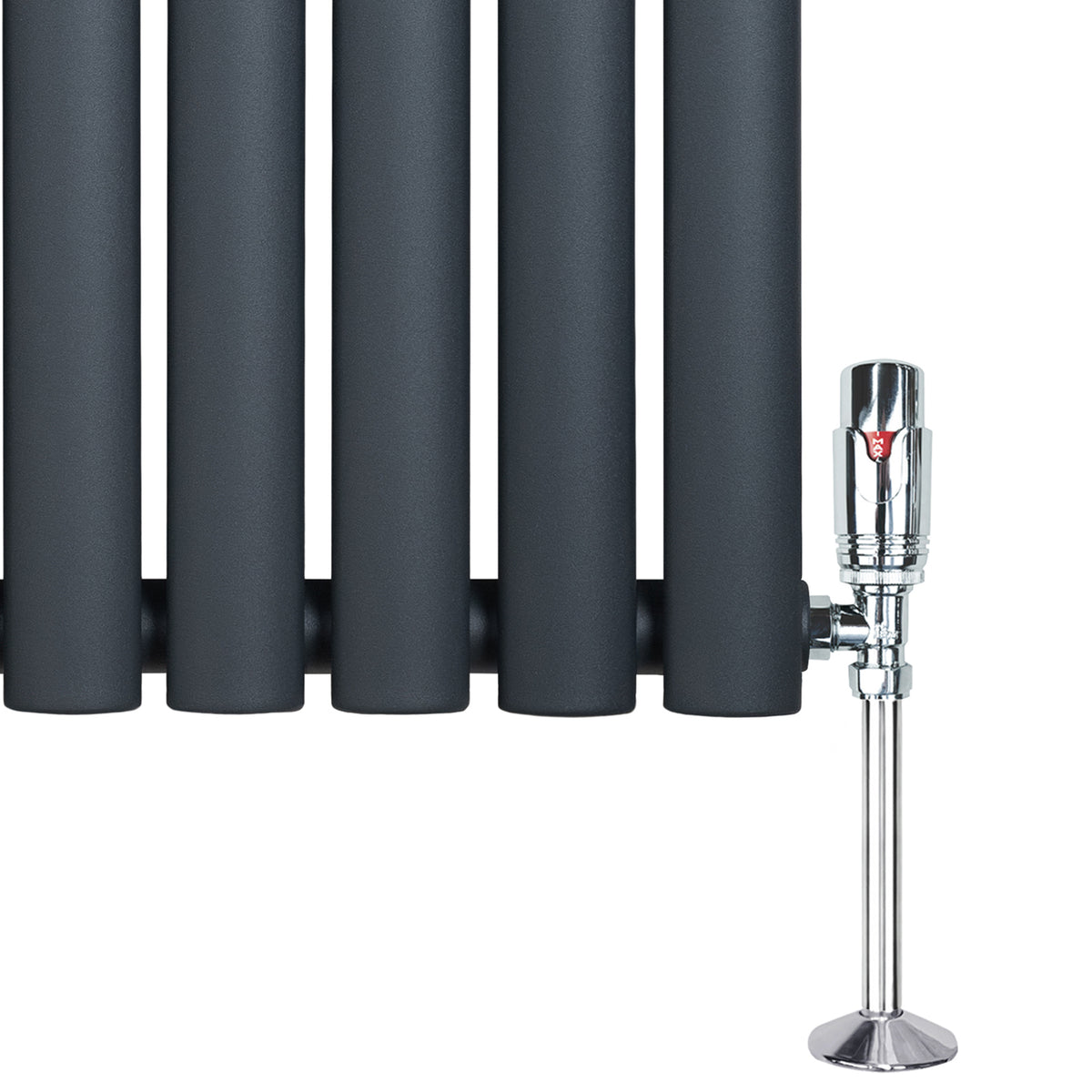 Gliederheizkörper in Anthrazitgrau mit TRV Chromventilen, 600mm x 1620mm, zeigt glatte, moderne Linien und glänzende Oberflächen für eleganten Stil