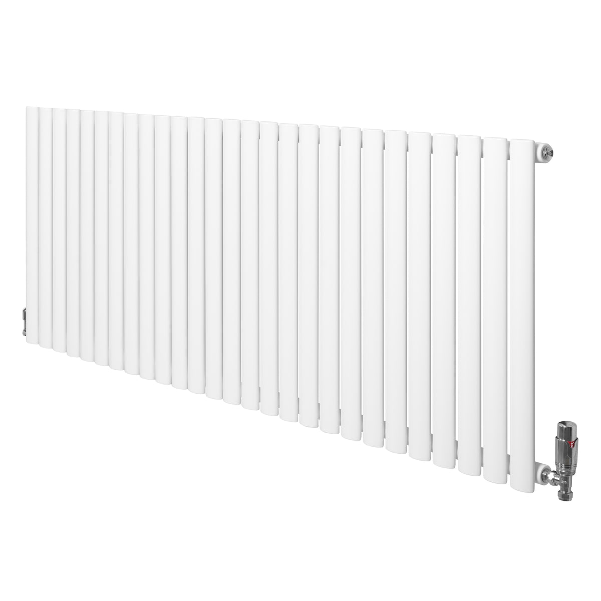 Gliederheizkörper in Weiß mit TRV Chromventilen, 600mm x 1620mm, zeigt schlanke, vertikale Lamellen und glatte Oberflächen für moderne Räume