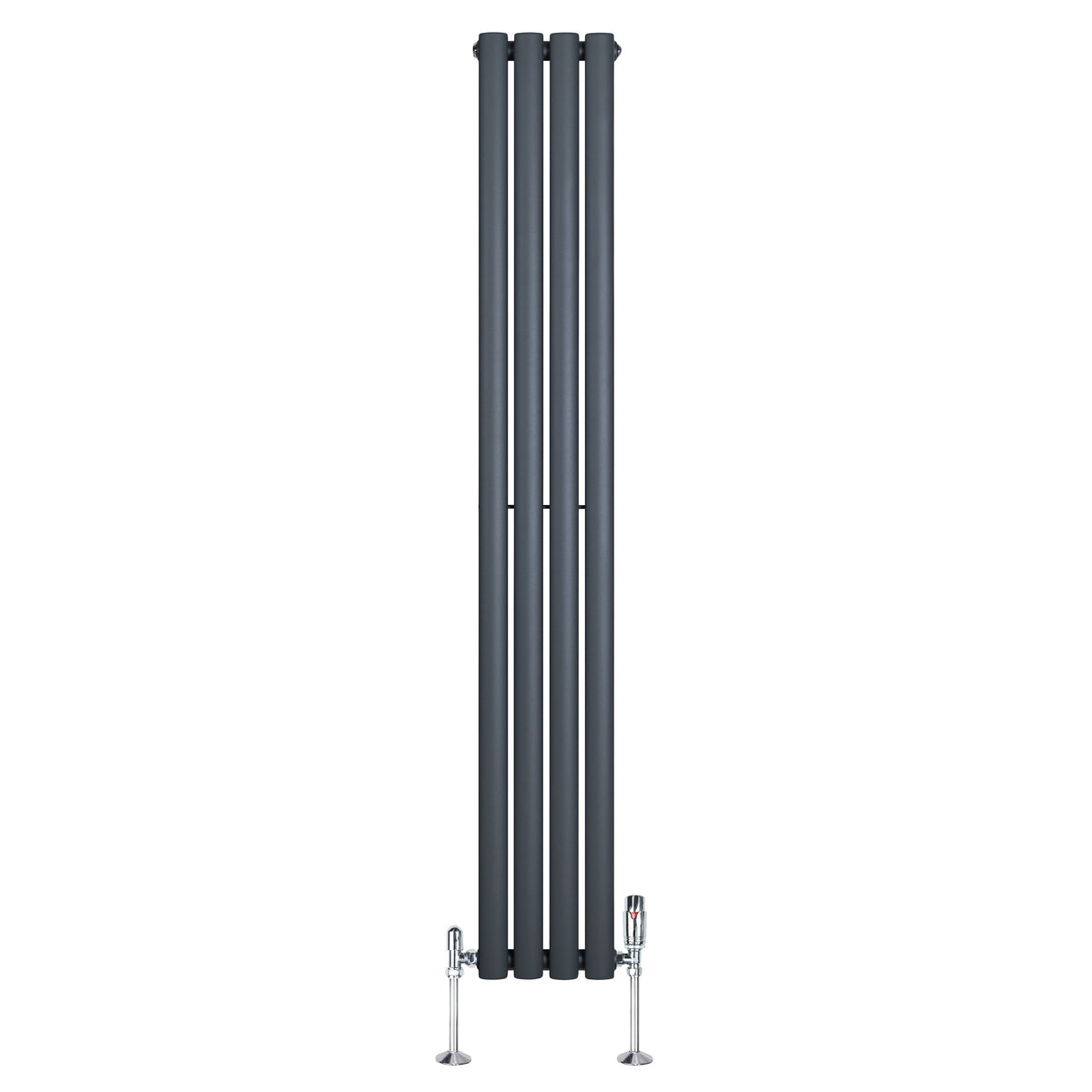 Eleganter anthrazitgrauer Gliederheizkörper mit TRV Chromventilen, schlankes Design, ideal für moderne Wohnräume, Maße 1600mm x 240mm
