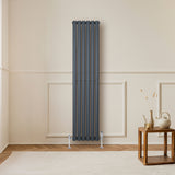 Gliederheizkörper in Anthrazitgrau mit TRV Chromventilen, schlankes Design, vertikale Röhren, ideal für moderne Innenräume, 1600mm x 360mm