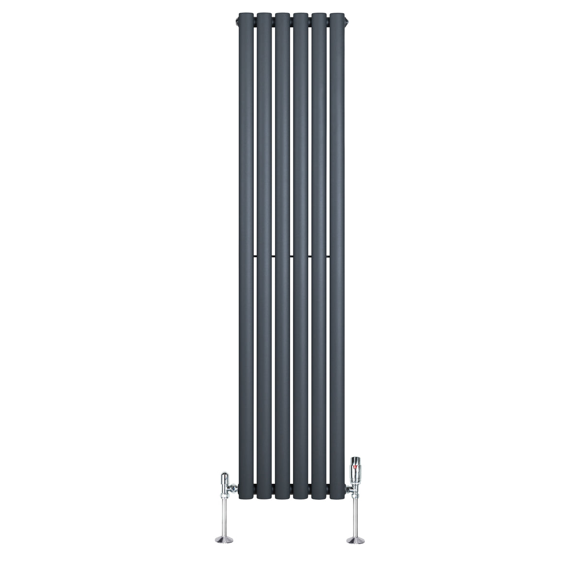Gliederheizkörper in Anthrazitgrau mit TRV Chromventilen, schlankes Design, vertikale Lamellen, ideal für moderne Innenräume, Maße 1600mm x 360mm