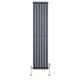 Gliederheizkörper in Anthrazitgrau mit TRV Chromventilen, schlankes Design, vertikale Lamellen, ideal für moderne Innenräume, Maße 1600mm x 360mm
