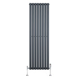 Gliederheizkörper in Anthrazitgrau mit TRV Chromventilen, schlankes Design, vertikale Lamellen, 1600mm x 480mm, modernes und elegantes Heizsystem