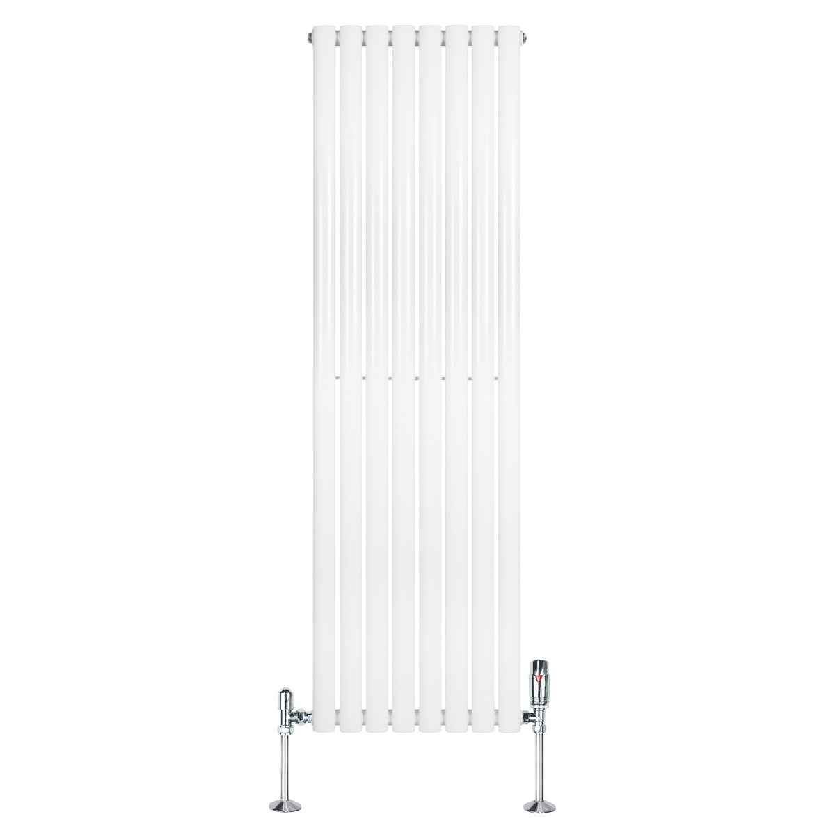 Hochformatiger, weißer Gliederheizkörper mit TRV Chromventilen, 1600mm x 480mm, glänzende Oberfläche und schlankes, modernes Design