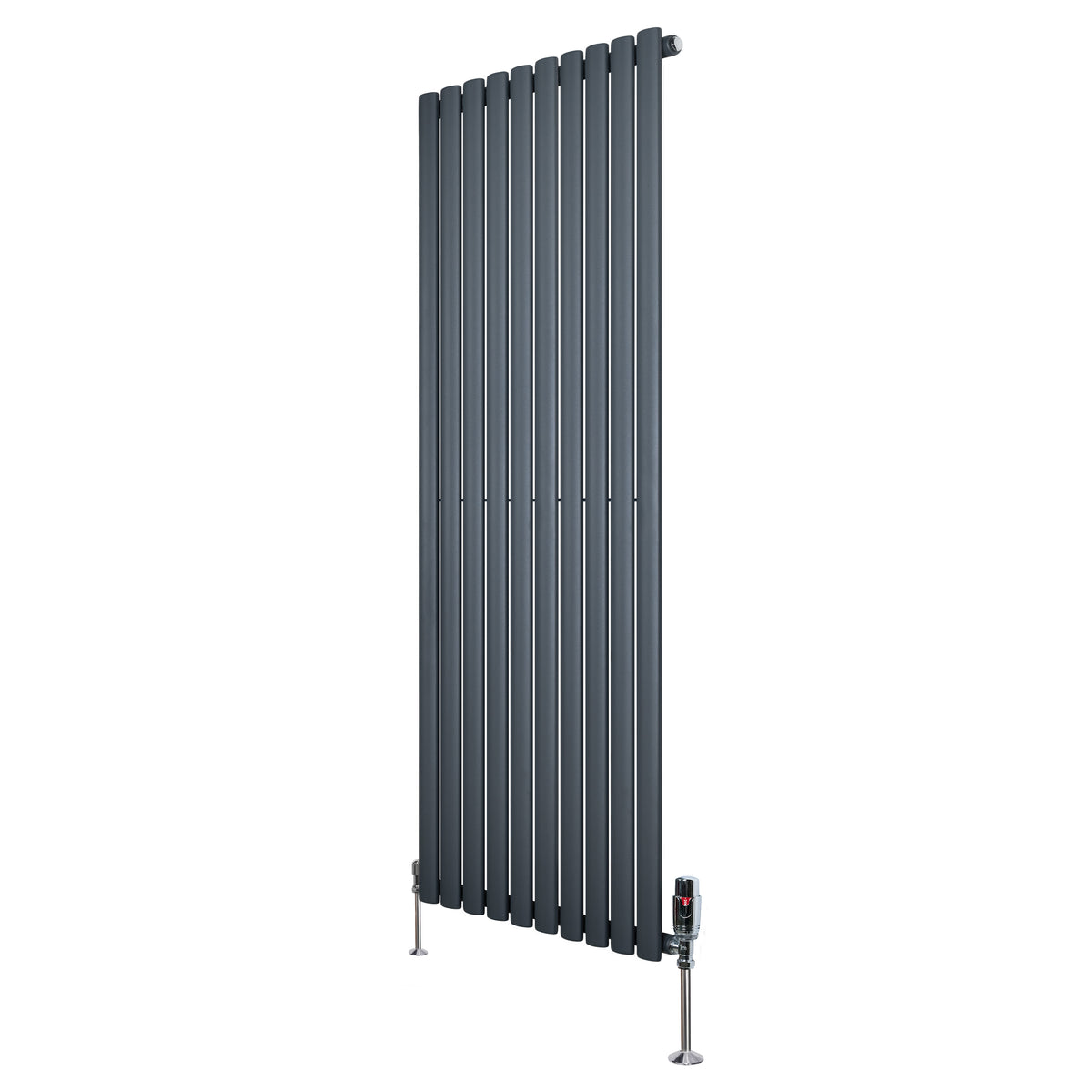 Gliederheizkörper in Anthrazitgrau mit TRV Chromventilen, 1600mm x 600mm, schlankes, modernes Design und glatte Oberflächenstruktur