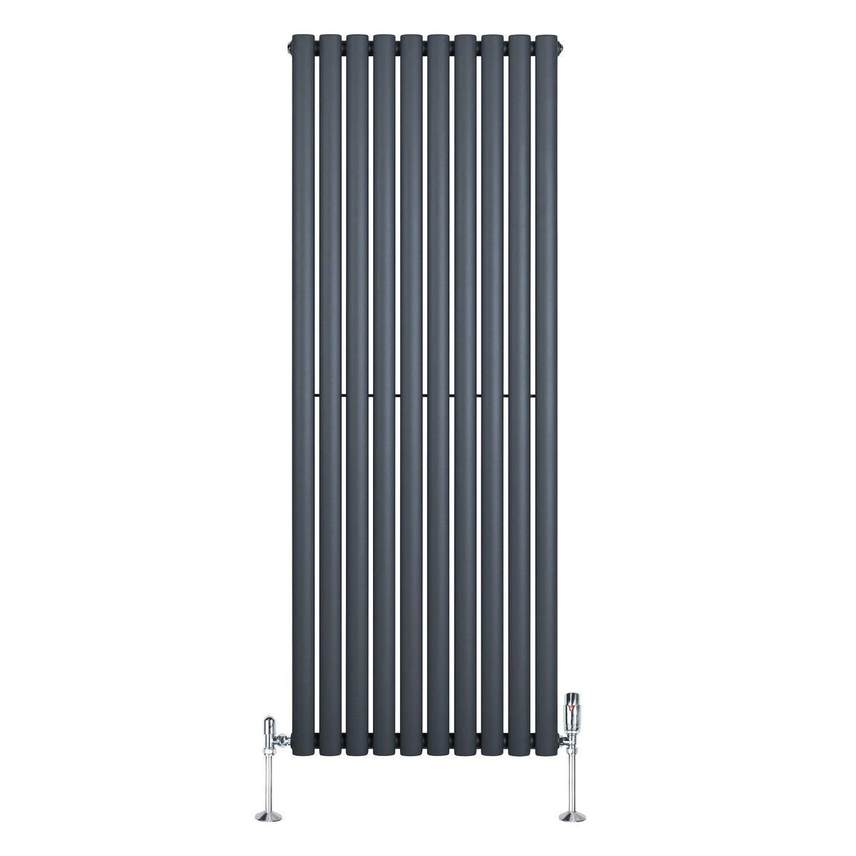 Gliederheizkörper in Anthrazitgrau, 1600mm x 600mm, mit TRV Chromventilen, vertikale Lamellenstruktur und glatte Oberfläche für moderne Räume