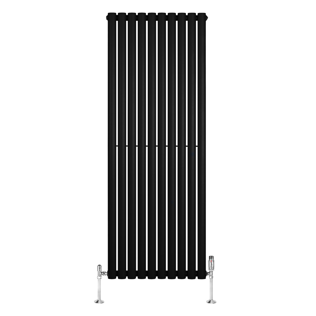 Schwarzer Gliederheizkörper mit TRV Chromventilen, 1600mm x 600mm, vertikale Lamellenstruktur, modernes Design, glänzende Oberflächen und klare Linien