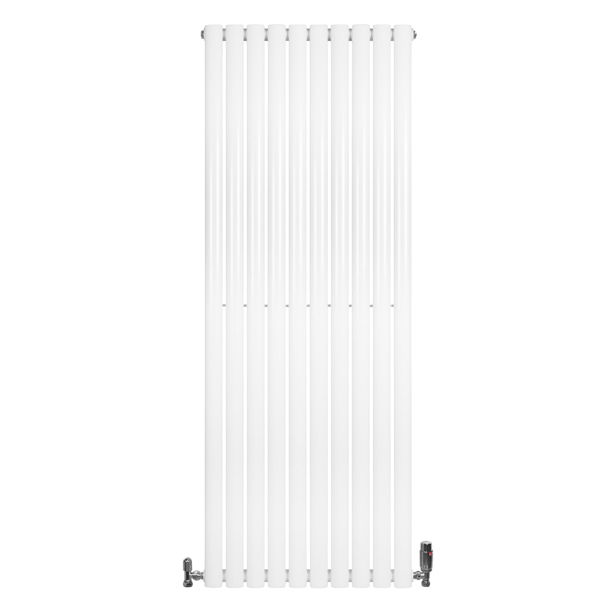 Weißer Gliederheizkörper mit TRV Chromventilen, 1600mm x 600mm, vertikale Lamellenstruktur, modernes Design, ideal für effiziente Raumheizung