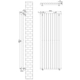 Gliederheizkörper in Weiß mit TRV Chromventilen, Maße 1600mm x 600mm, zeigt die vertikale Anordnung der Heizrippen und präzise Abmessungen
