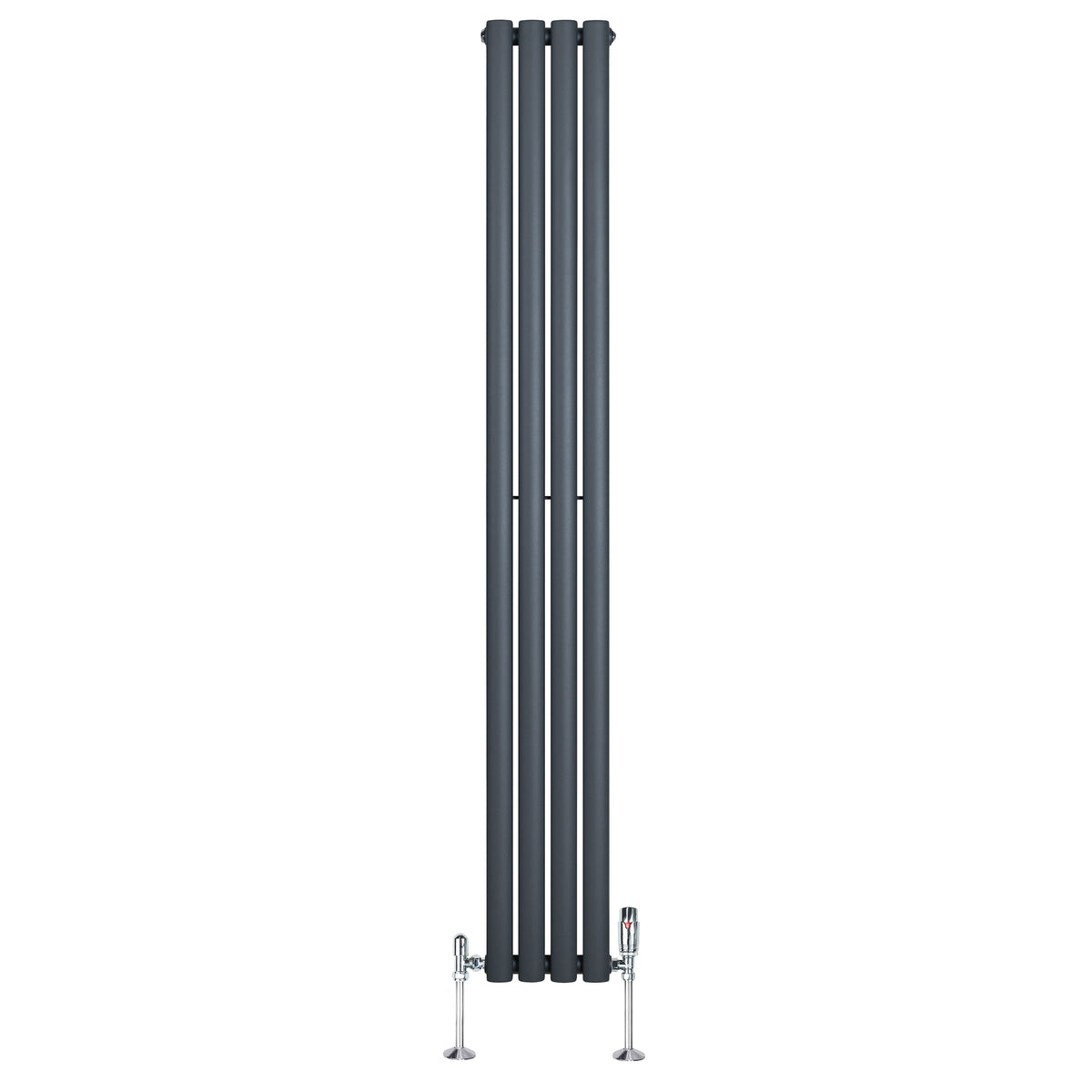 Eleganter Gliederheizkörper in Anthrazitgrau mit TRV Chromventilen, 1800mm hoch und 240mm breit, bietet modernes Design und effiziente Wärmeabgabe