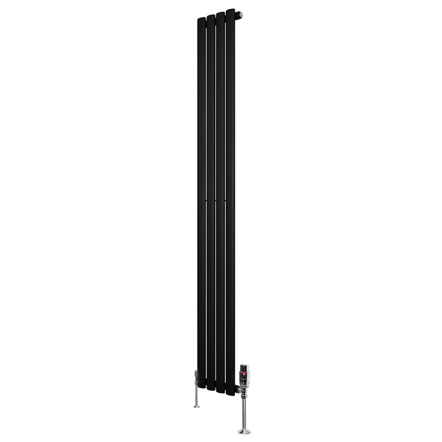 Schlanker schwarzer Gliederheizkörper mit TRV Chromventilen, 1800mm x 240mm, vertikale Lamellenstruktur, modernes Design, ideal für stilvolle Heizlösungen