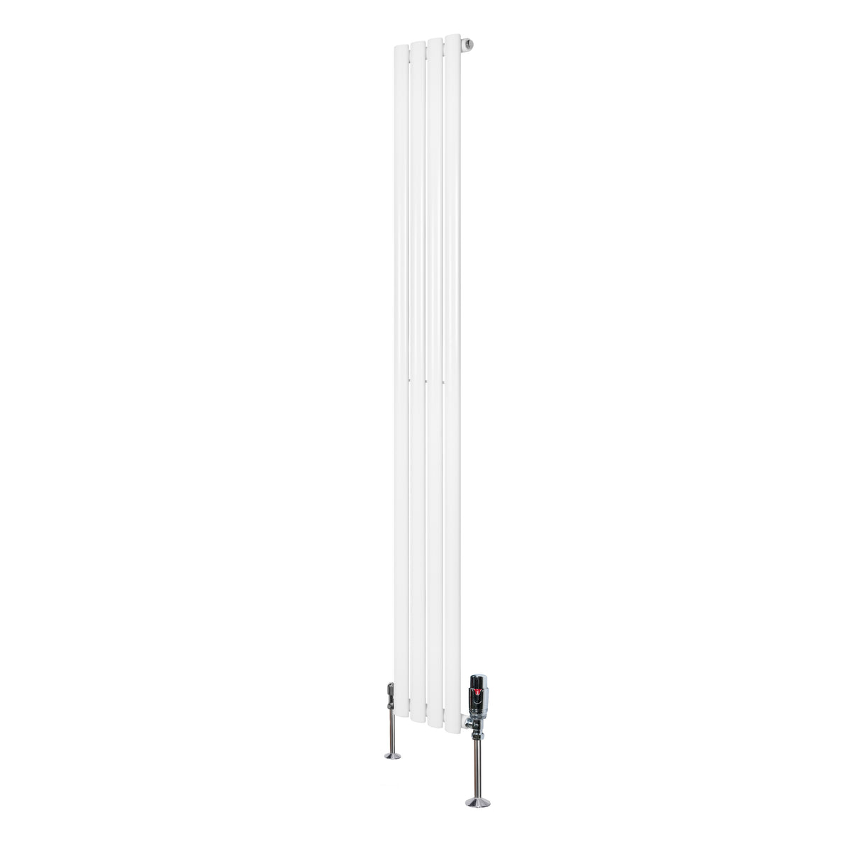 Hochformatiger weißer Gliederheizkörper mit TRV Chromventilen, 1800mm x 240mm, schlankes Design und glatte Oberfläche für moderne Innenräume