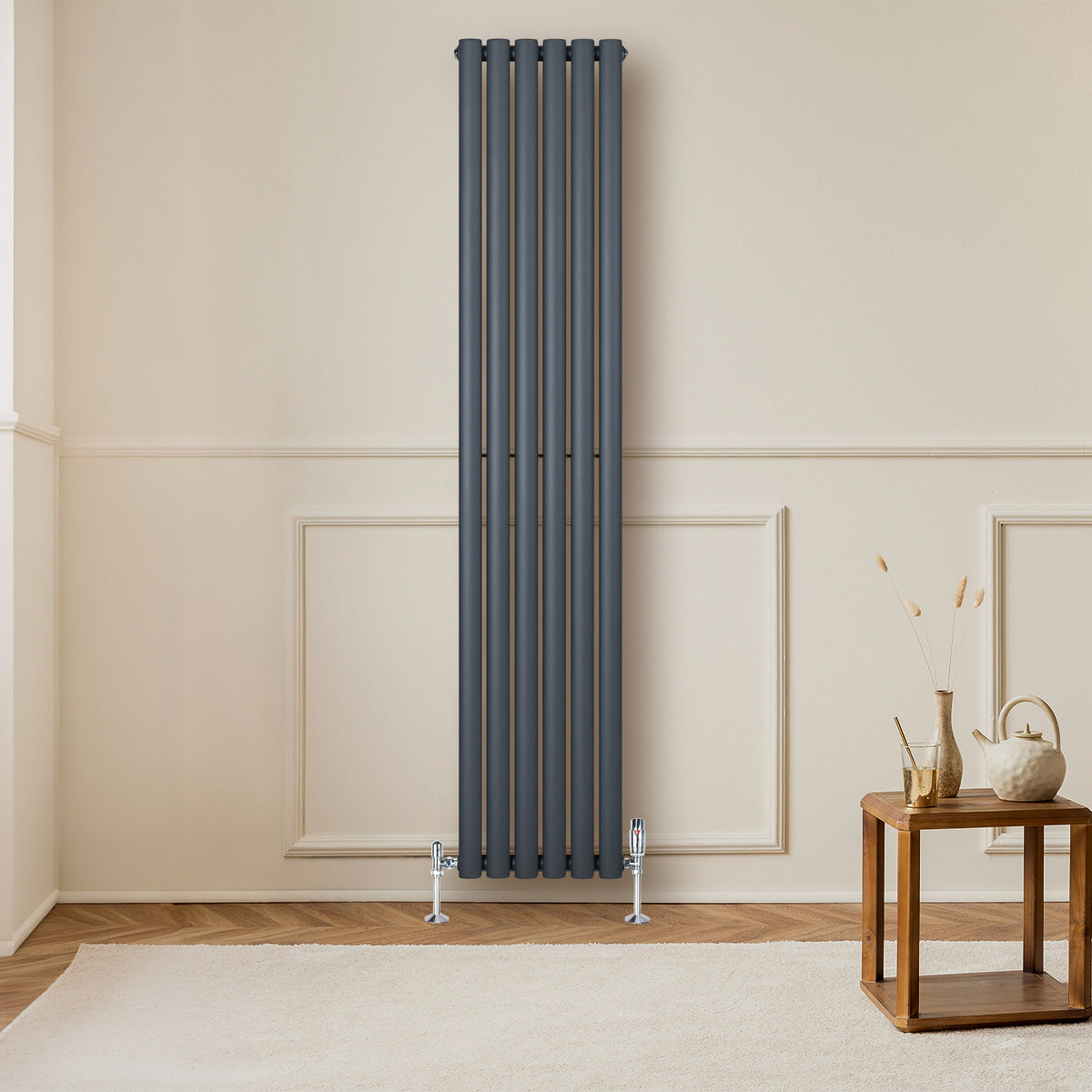 Anthrazitgrauer Gliederheizkörper mit TRV Chromventilen, schlankes Design, vertikale Anordnung, ideal für moderne Wohnräume, auf hellem Hintergrund