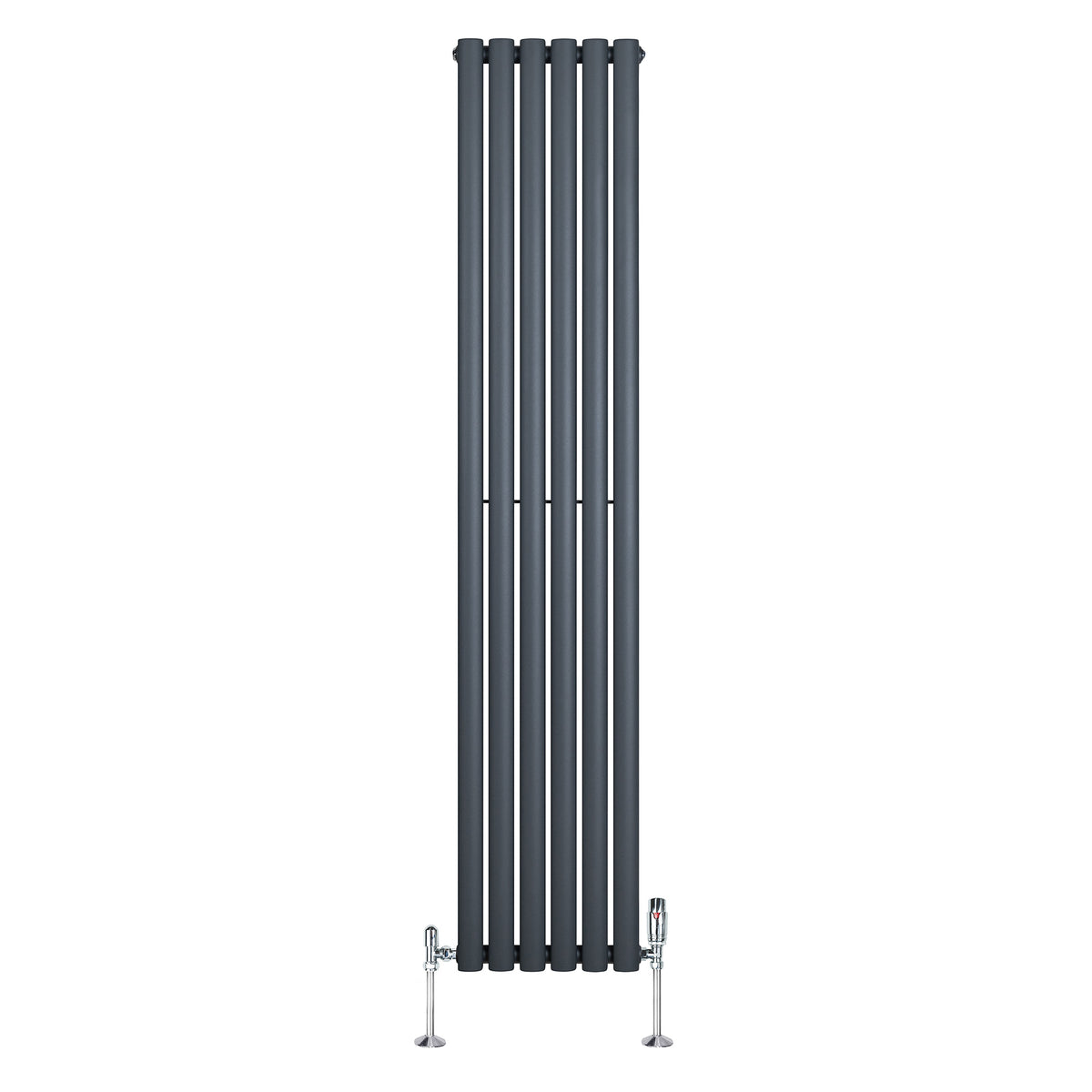 Eleganter, anthrazitgrauer Gliederheizkörper mit TRV Chromventilen, schlankes Design, vertikale Lamellen, ideal für moderne Wohnräume