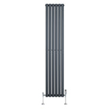 Eleganter, anthrazitgrauer Gliederheizkörper mit TRV Chromventilen, schlankes Design, vertikale Lamellen, ideal für moderne Wohnräume